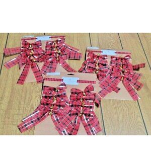 24 Mini Christmas Tree Bows w/Bells Decoration Red Plaid 3 packs of 8